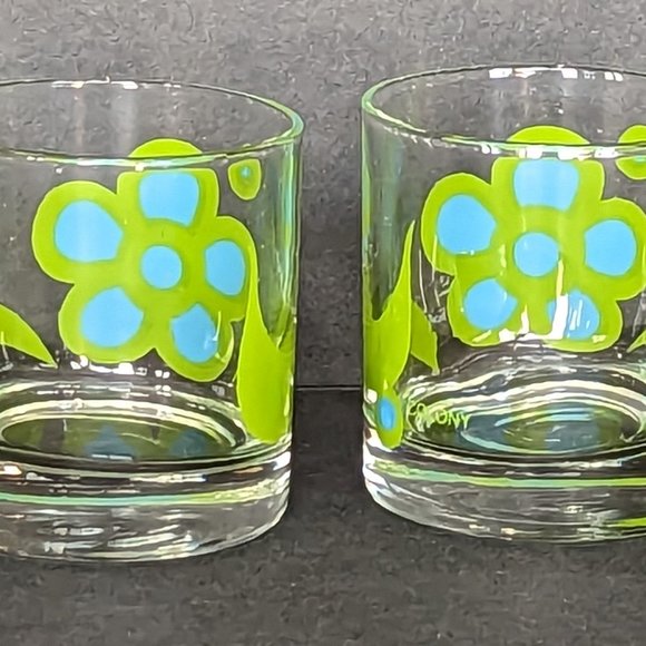 Set of 2 Vintage Colony Glass Barware Glasses Flower Power Daisy Blue and Green - Picture 3 of 7